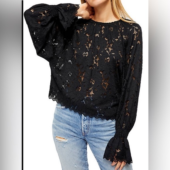 Free People Tops - Free People | Olivia black lace oversized blouse top Women’s size XS/S boho rock